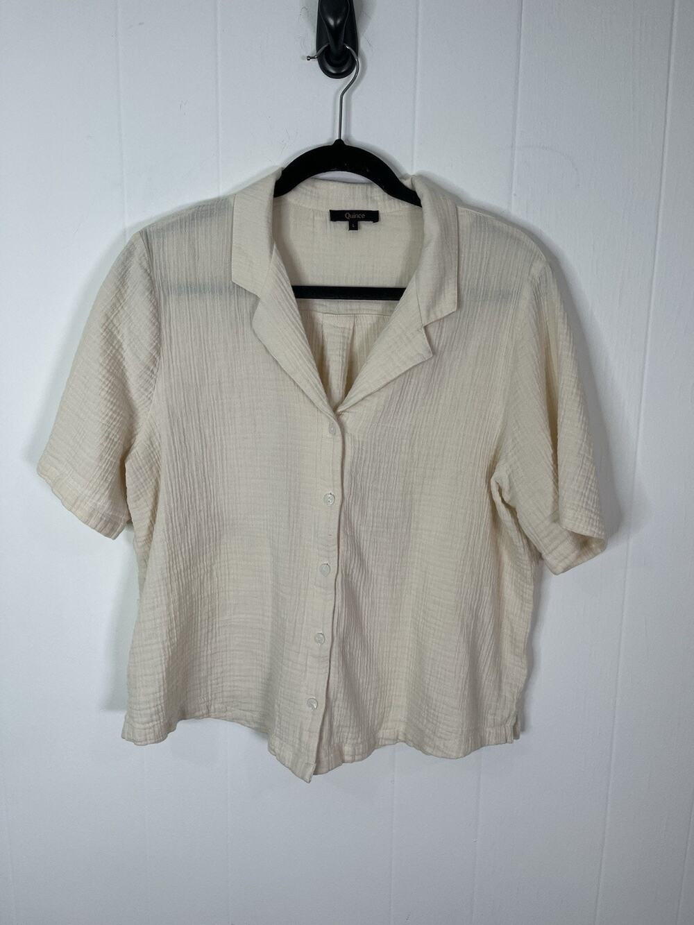 Quince Organic Cotton Gauze Button Up Shirt Cream Short Sleeve Women’s Large